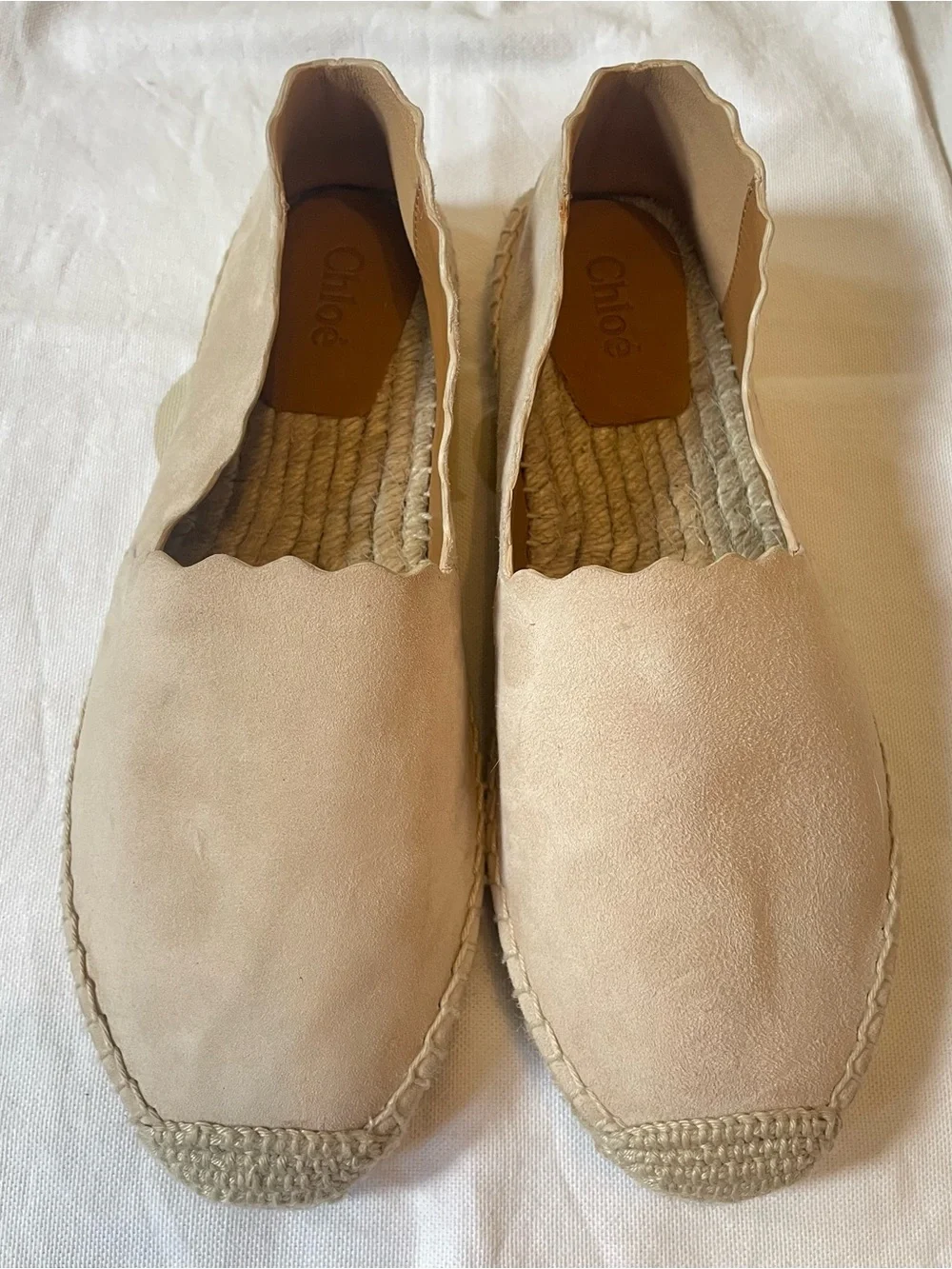 Chloe Women’s Scalloped Edge Espadrille Flats in Beige, Size 6 or 36